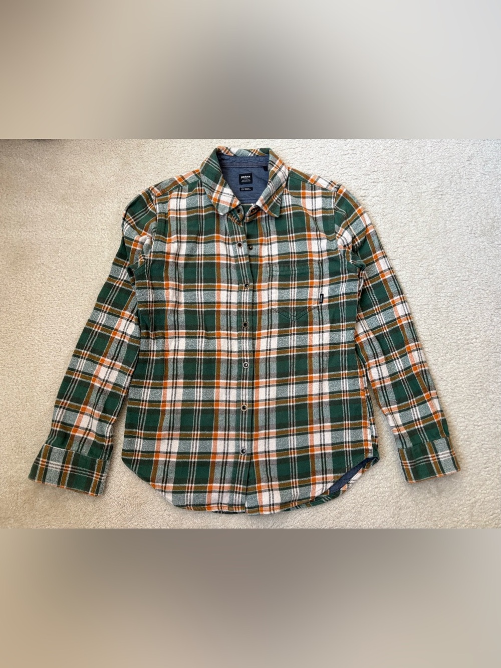 Prana Golden Canyon Flannel shirt pine green plaid sz XS organic cotton gorpcore